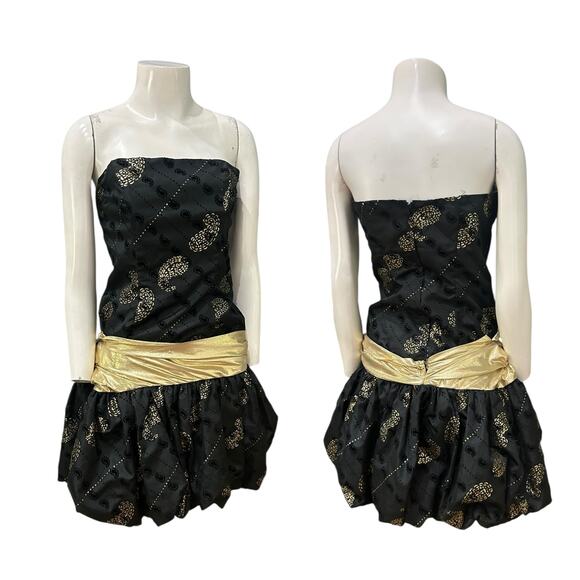 Vintage 1980s Black & Gold Strapless Bubble Hem Mini Dress - - Picture 3 of 4